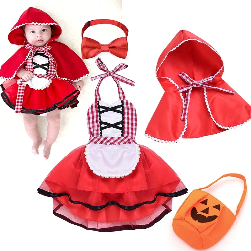 Newborn Baby Girls Tutu Dress + Cape Cloak Outfit Little Red Riding Hood Cosplay Photo Prop Costume Party Dresses Baby Clothings