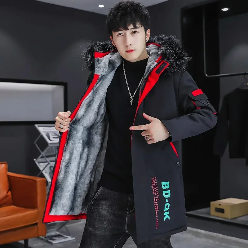 Autumn Winter Mens Fleece Mid-Length Hooded Jackets  Fur Collar Thick Warm Windbreaker Streetwear Long Coat Parka