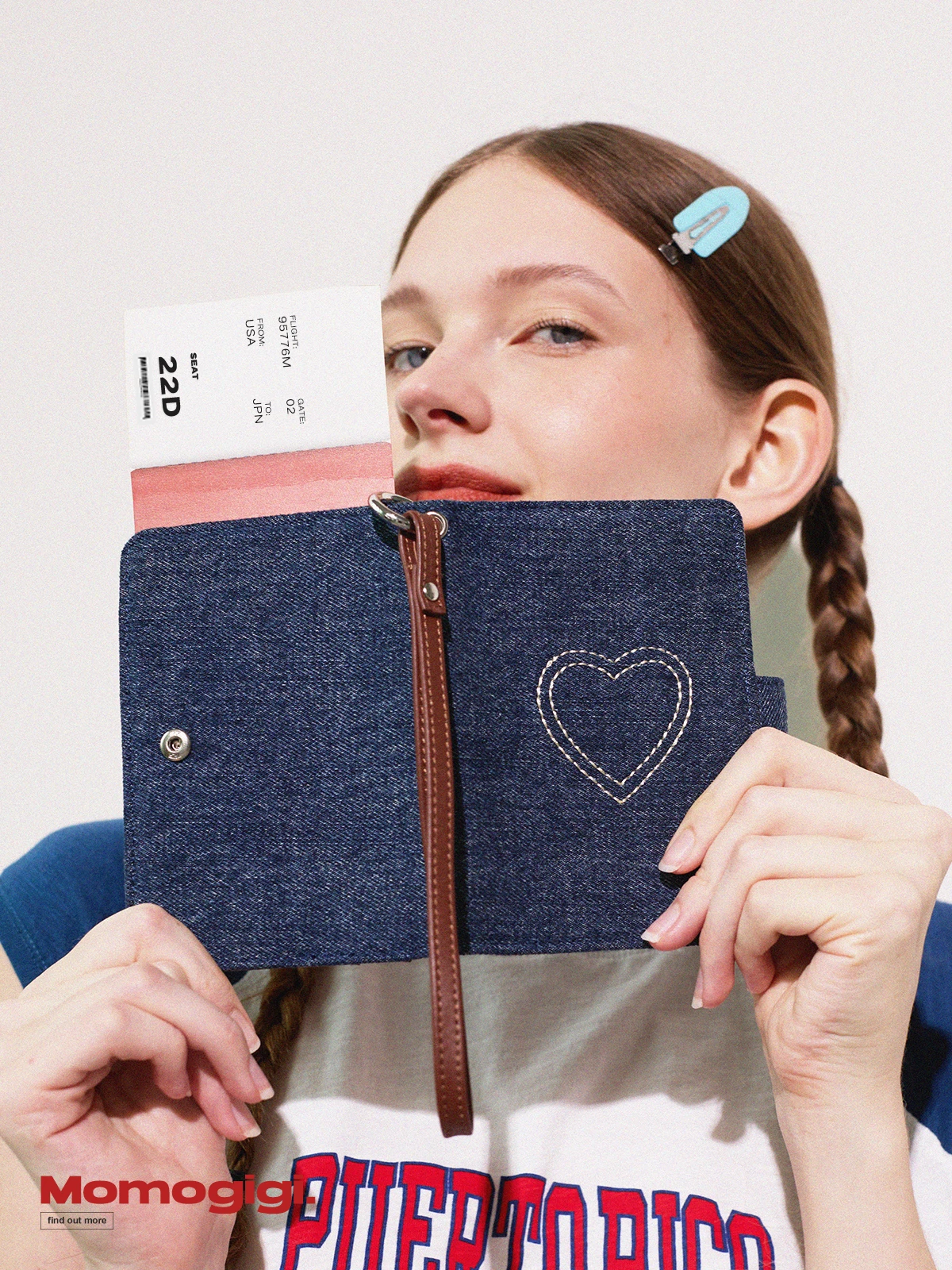 Momogig Retro Denim Series Heart Embroidery Multi-Functional Passport Holder Neck Strap Handbag Student Friendly Leather Goods