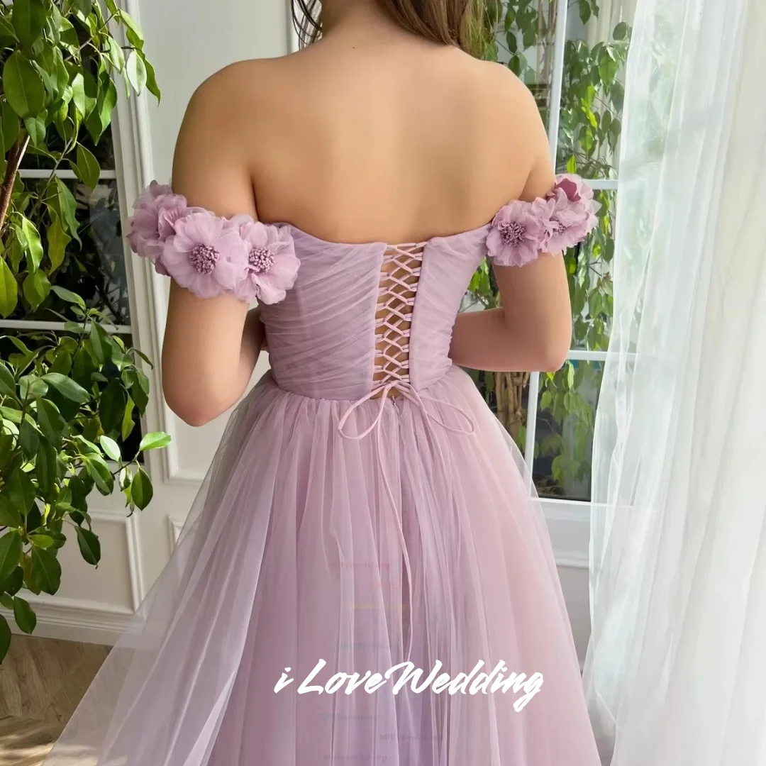 Purple V-Neck Prom Dresses 2025 Tulle Off Shoulder 3D Flowers A-line Side Split Pleated Floor-Length Evening Dresses Customized
