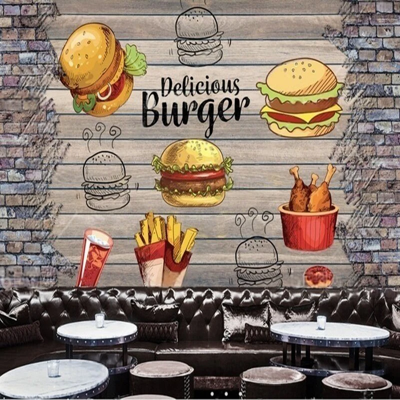 

MU8985 Retro-decorated fast food restaurant delicious hamburgers workwear TV sofa background wall