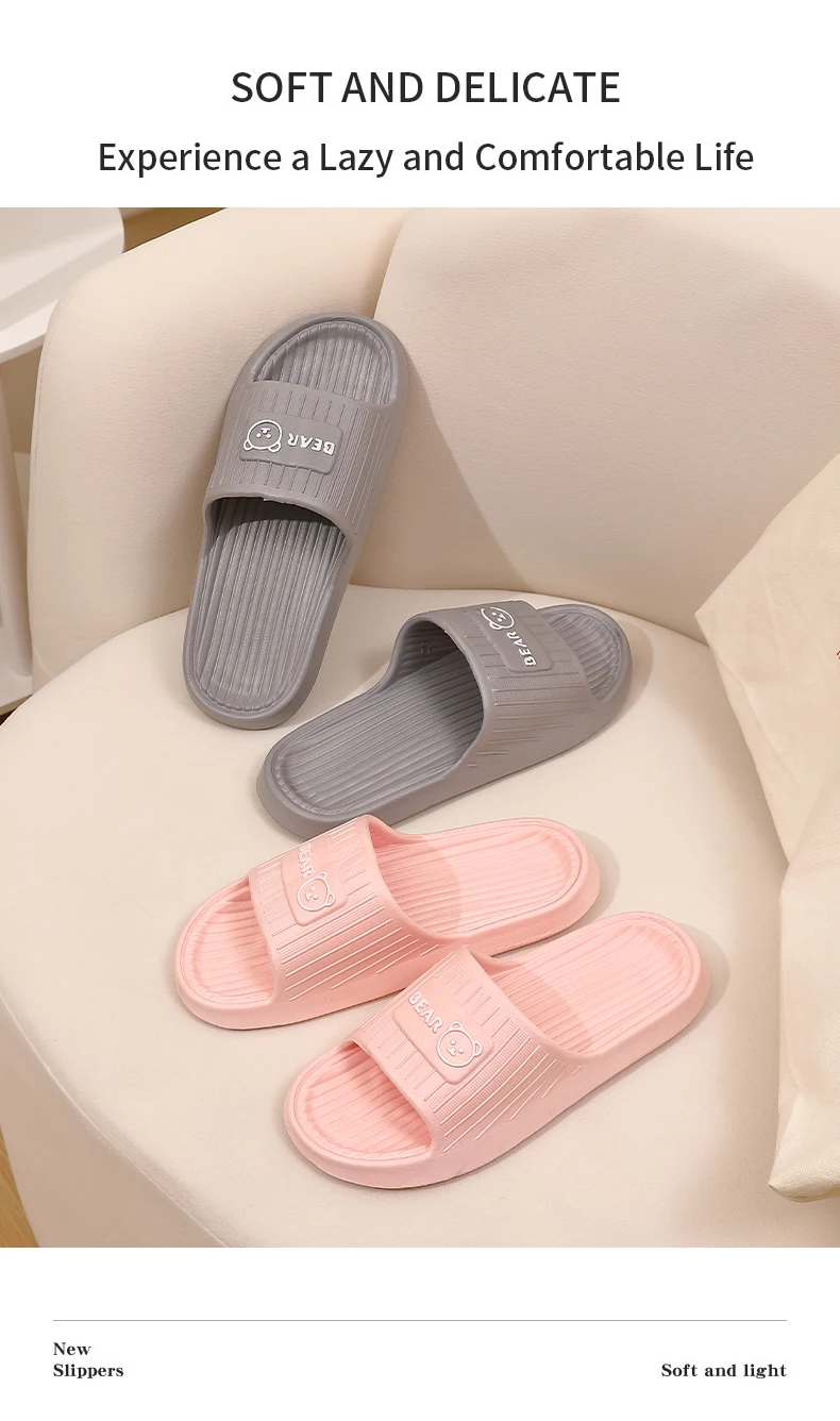 Cute Bear Summer Slippers Women Men Soft EVA Thick Platform Slides Non-Slip Quick-Drying Bathroom Shower Shoes Indoor Home Mule