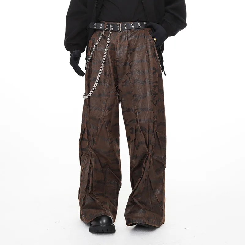 MWJLPWQ Autunno Decostruito Pieghettato Camouflage Cargo Jeans da Uomo High Street Niched Design Autunno Trendy Pantaloni a Gamba Larga 11810