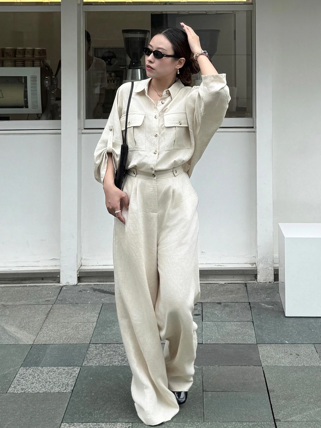 Combinaison en lin haut de gamme pour femmes, ample, décontractée, polyvalente, automne, vintage, simple, vêtements de travail, salopette, taille haute, pantalon long