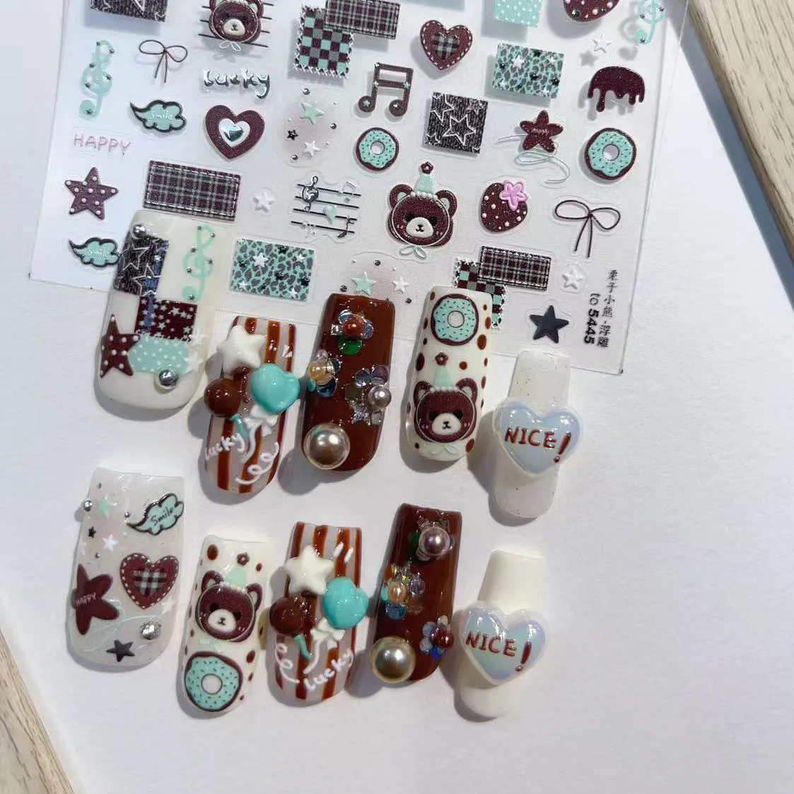 1pcs 5D Embossed Nail Sticker Cute Chestnut Bear Music Symbol Heart Self Adhesive Nail Art Accessories Manicure Decoration Decal
