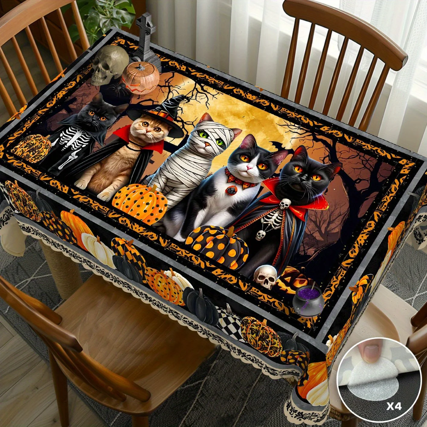VIKAMA Gothic Black Cat Skeleton Tablecloth Halloween Dark Fantasy Style for Dining Room Home Decor