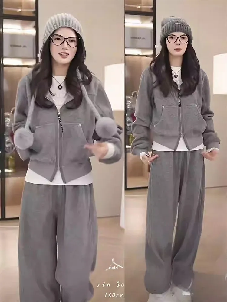 

Grey Fleece Lined Thickened Double Zipper Hoodie Set Women's Slim Fit Short Outerwear Wide Leg Pants Two Piece Set Winter New...