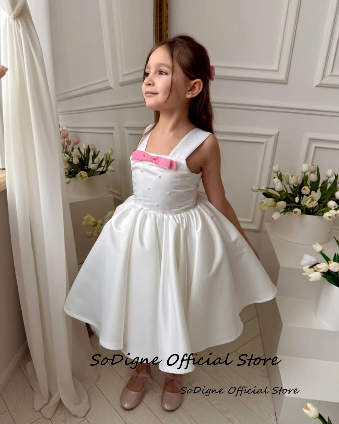 SoDigne A-line Flower Girl Dress Square Collar Sleeveless Satin Kid Gown 2025 Mini Birthday Party Dresses Customized