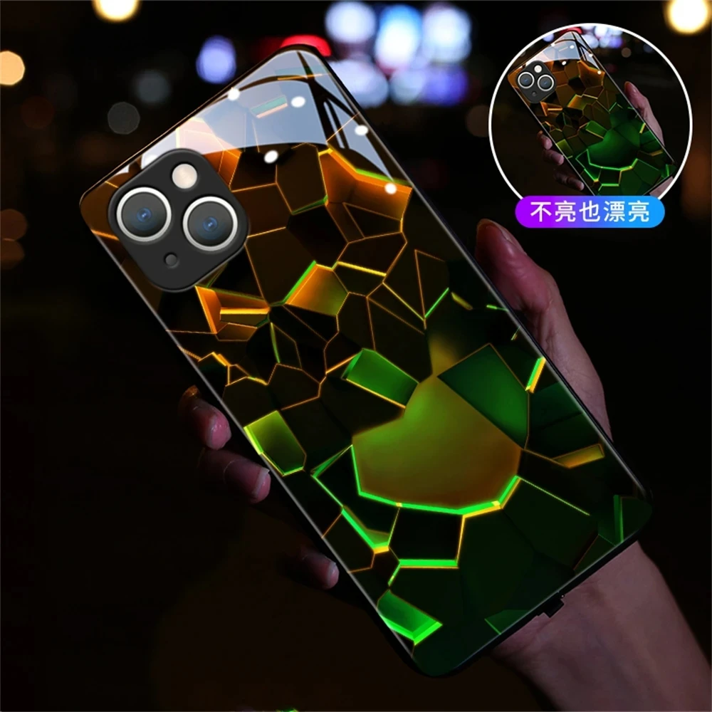 Luxury Geometry LED Light Glowing Luminous Phone Case For iPhone 15 14 13 12 11 Pro Max Mini SE2020 X XS XR 8 7 Plus Back Cover
