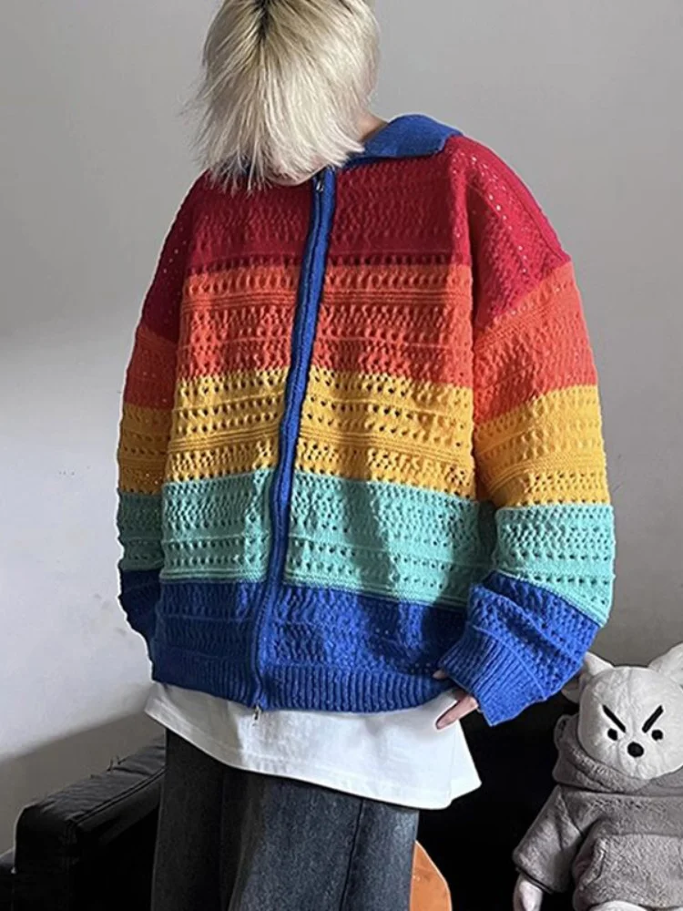 

Men's plus Size 300 Pou Rainbow Stripes Knitted Cardigan Faionable Jaet Top High Street Vibe Autumn Season Polyester F...