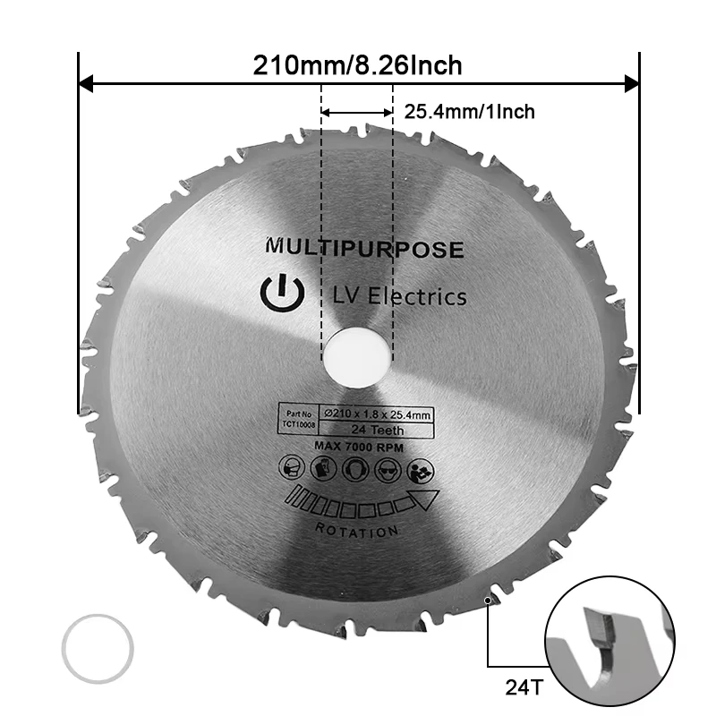 1 Buah Pisau Gergaji Multifungsi 210 × 25.4 Mm 24T Pisau Gergaji Bundar Karbida untuk Besi Baja Aluminium Pemotong Logam Kayu Plastik
