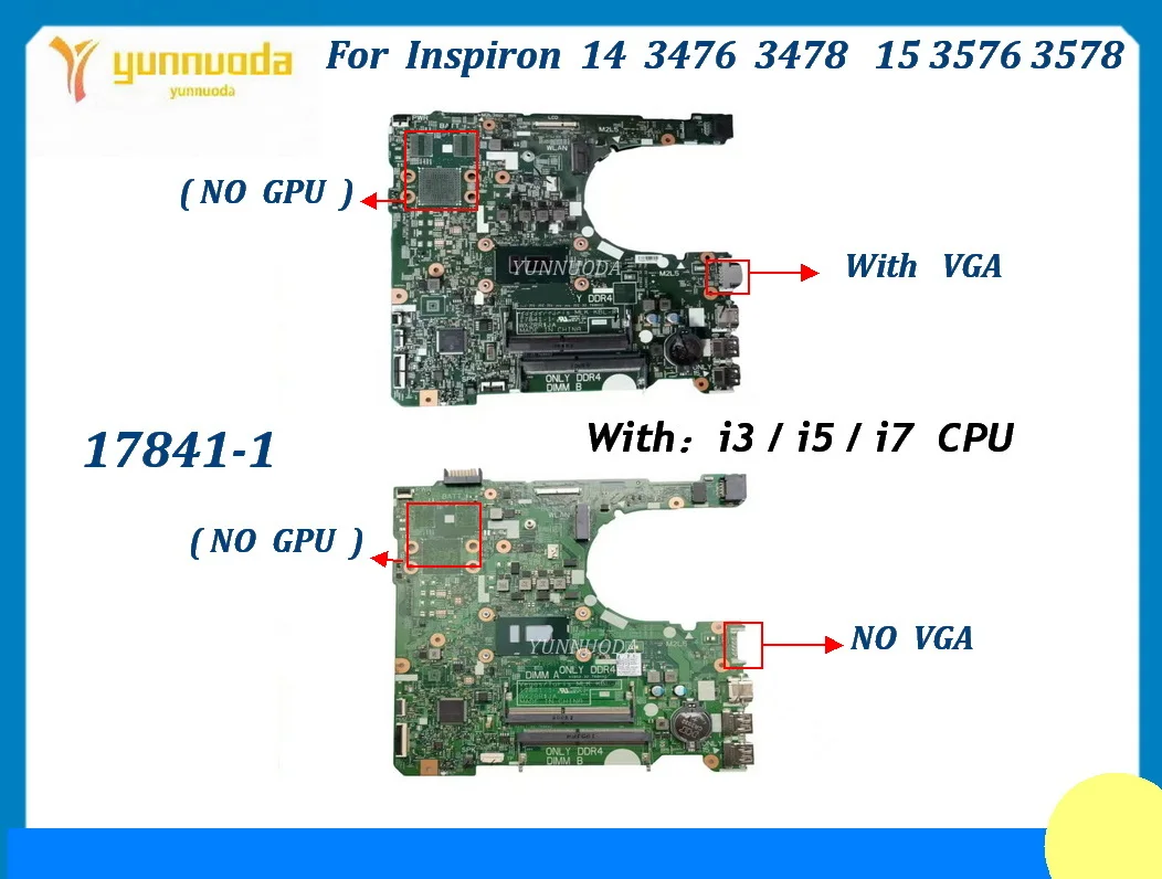 

17841-1 For Dell Inspiron 14 3476 3478 15 3576 3578 Laptop Motherboard With i3 i5 i7-8th Gen CPU 100% Tested good