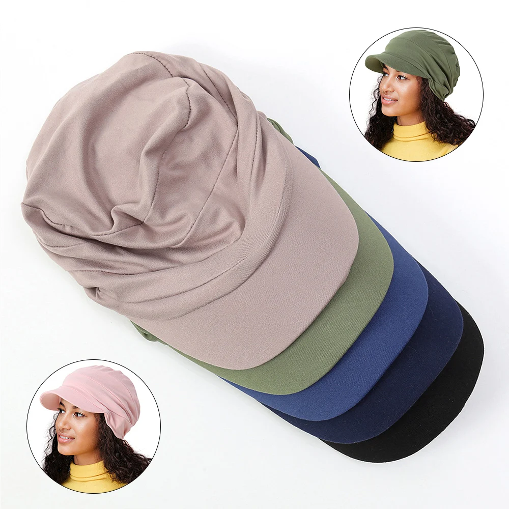 New Women's Brim Headscarf Hat Pleated Solid Fashion Travel Bottoming Hat Solid Color Versatile Pullover Hat Sun Protection