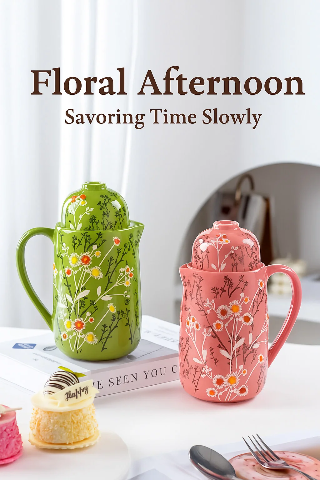 

800ml Ceramic Tea for One Set Vintage Floral Teapot with Stackable Cup Lid Pastoral Style Water Pitcher Coffee Pot for