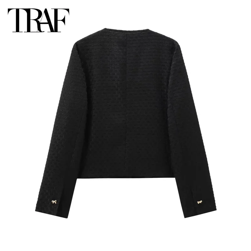 TRAF Butterfly Black Jacket Women's Jacket Autumn Outerwears 2024 Long Sleeve Bow Jacket Coats Ladies Elegant Office Bow Coats