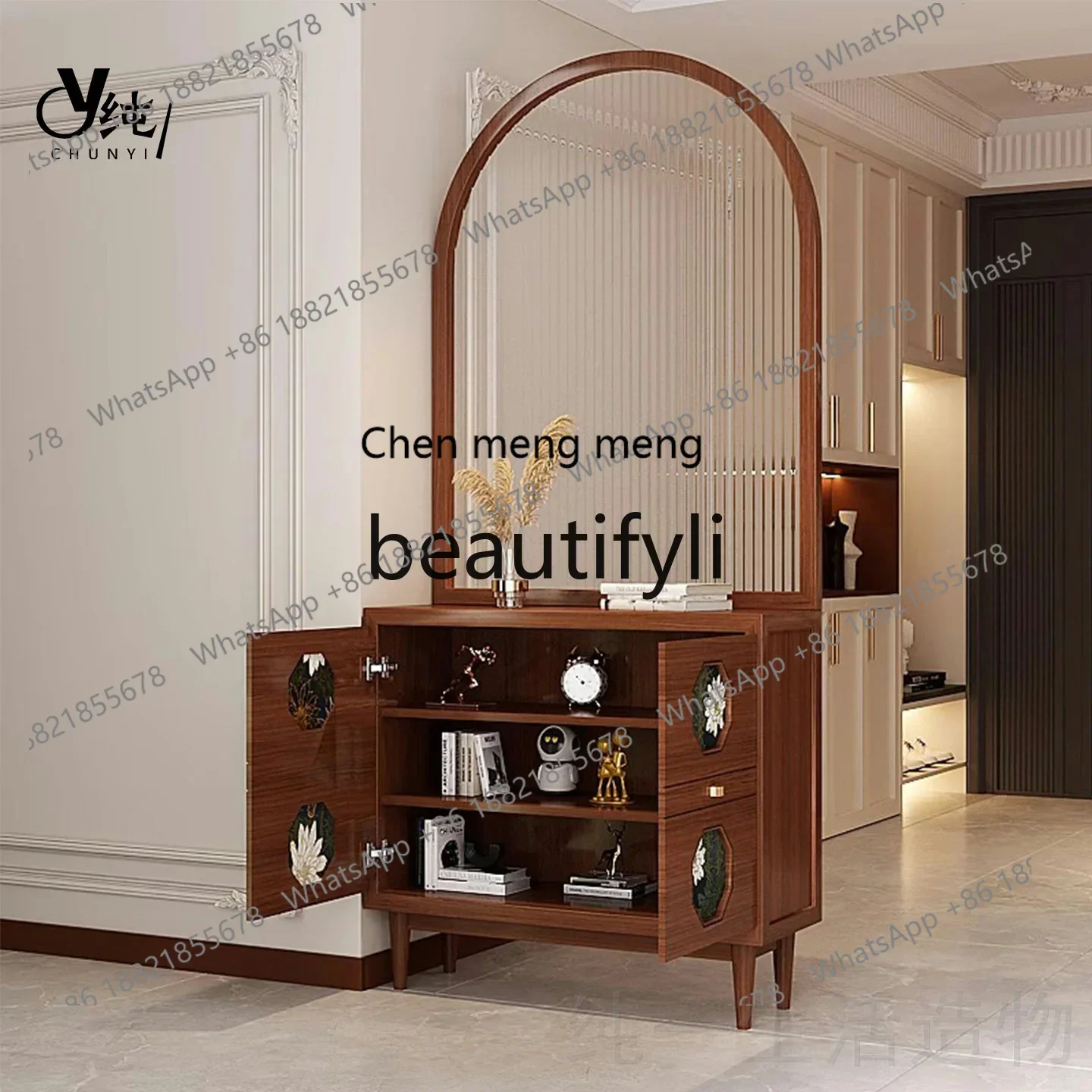 

A32 American Retro Solid Wood Changhong Glass Screen Living Room Shoe Cabinet Entryway Cabinet Integrated Storage