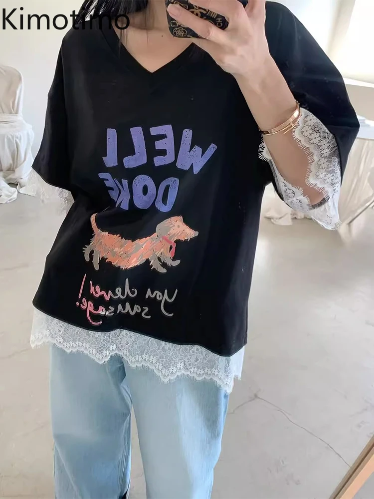 

Kimotimo Casual Spliced Lace Short Sleeve T-shirt Women Niche Design Puppy Letter Print Loose Tops Summer Sweet Fashion Tees Ins