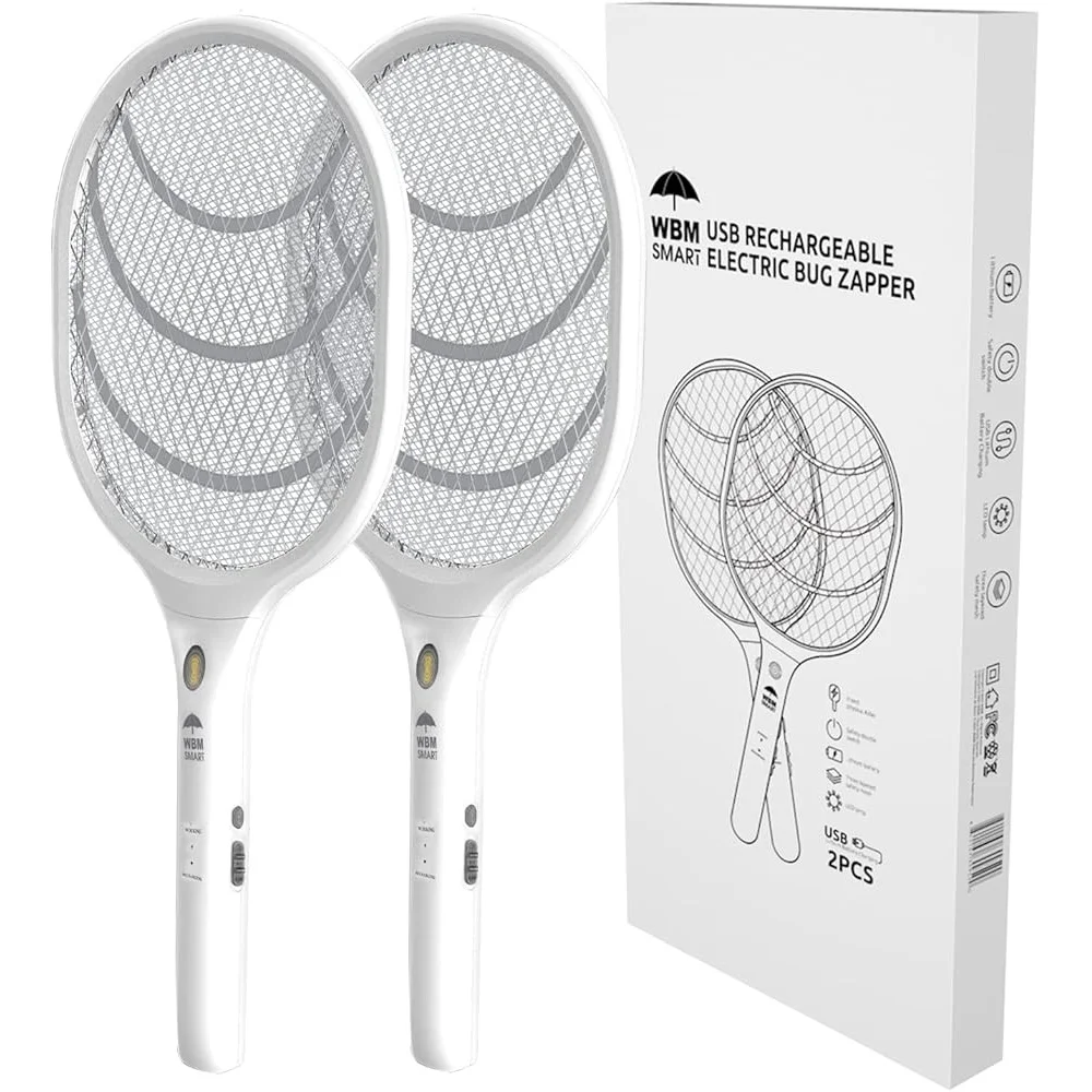 Portable Electric Fly Swatter Mosquito Zapper with LED Light Rechargeable USB Indoor Outdoor Bug Trap Racket Safe Design