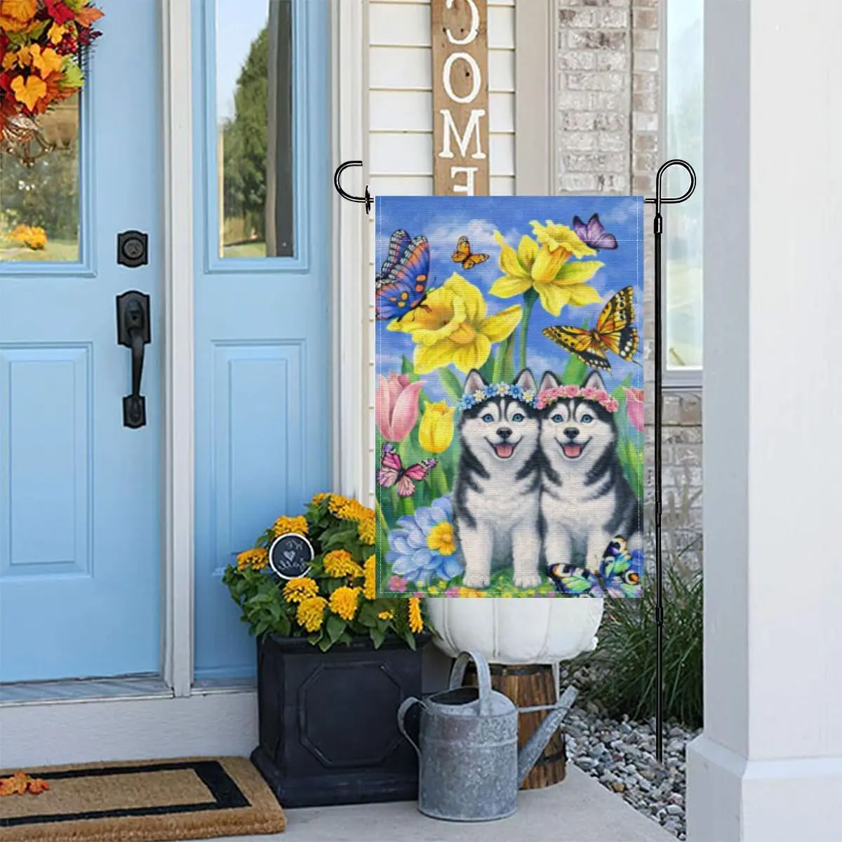 Colorful Floral Spring Garden Flag with Husky Double Sided Outside Yard Decoration Small Yard Flag 12x18 Inch Porch Lawn Dec ZZM