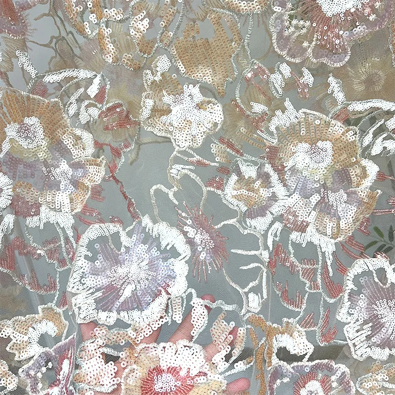 Big flower mesh sequined embroidery fabric, cross-border wholesale for bridal cheongsam wedding dress fabric manufacturers