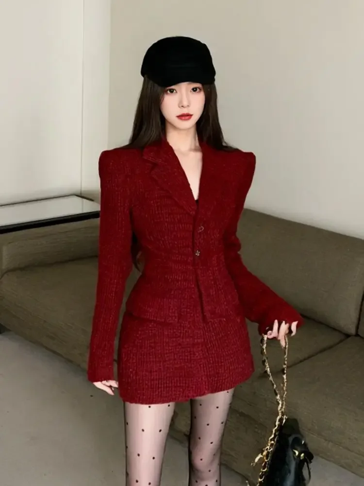 Insozkdg Winter New High-End Thick Red Suit Jacket and Skirt Set for Women Korean Fashion Slimming Christmas Outfit Lady Girl