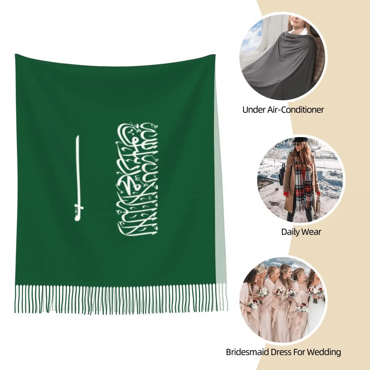 Cachecol do Reino da Arábia Saudita para mulheres inverno outono xales de caxemira e envoltório bandeira nacional lenços longos com borla senhoras