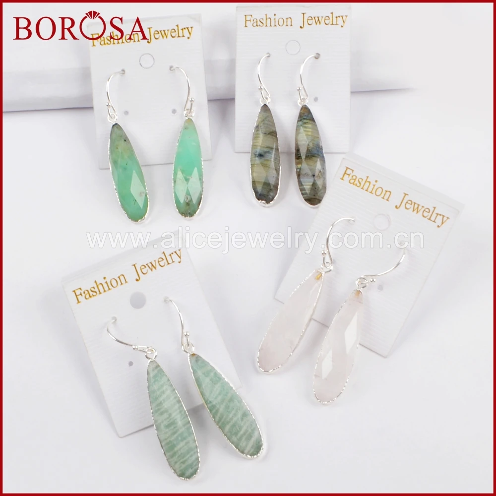 

Teardrop Shape Silver Plated Multi-kind Natural Stone Faceted Dangle Earrings Healing Crystal Drop Earrings for Women