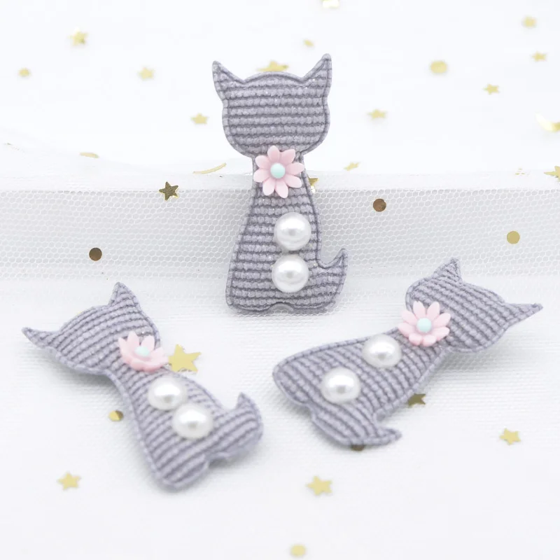 10Pcs Cute Cloth Cat Embellishment with Pearl Flower for Clothes Patch Fabric Sewing Craft Socks Gloves Shoes Decal Decor