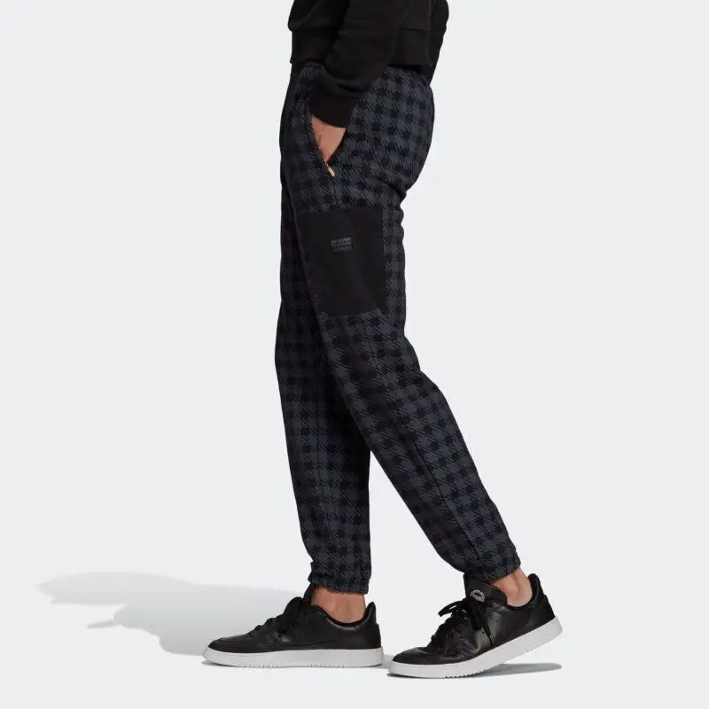 Adidas Men's Houndstooth Patterned Track Pants with Black Pocket Inserts for Casual and Sports Wear