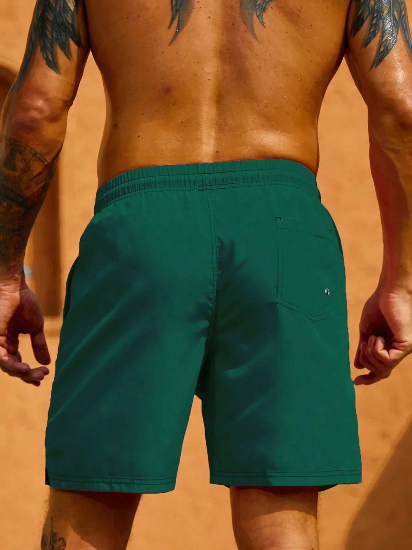 

Men's Solid Green Swim Trunks with Drawstring Waist and Pocket