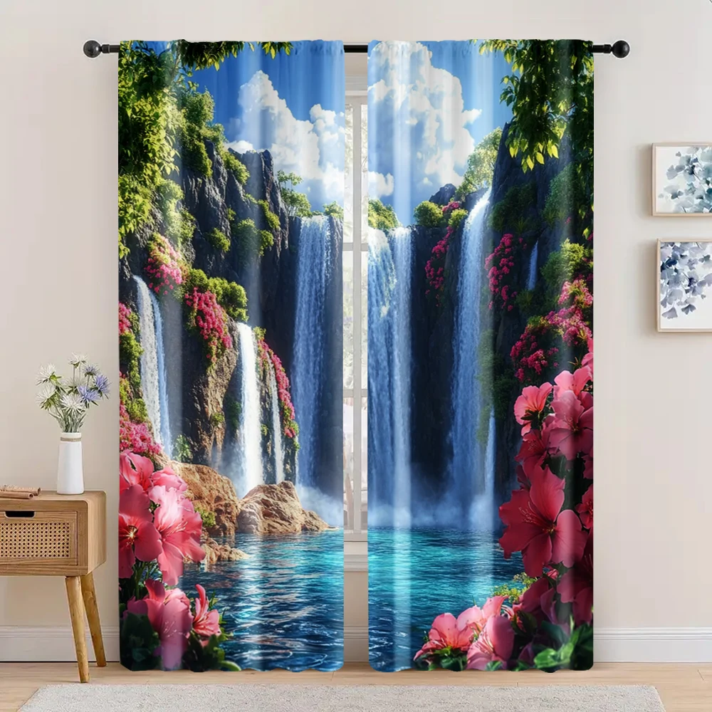 2pc,  Curtains Scenery Waterfall Flowers Protecting Privacy Festive Holiday Perfect for Parties and Everyday Decor, Easy Hang