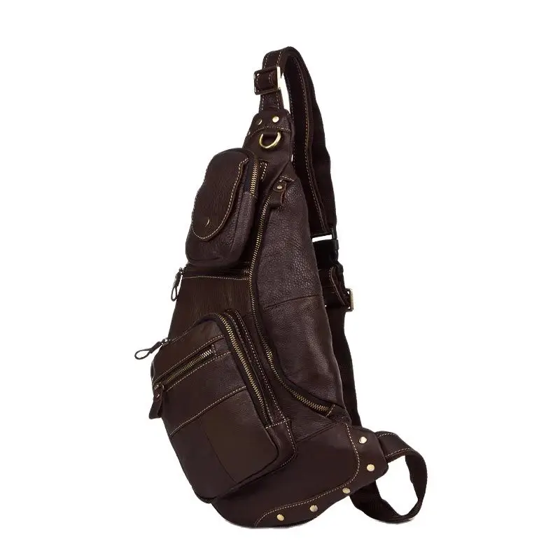 Sac messager décontracté en cuir véritable pour homme, sac de poitrine pour homme, sacs à bandoulière en cuir de vachette, grand sac de poitrine