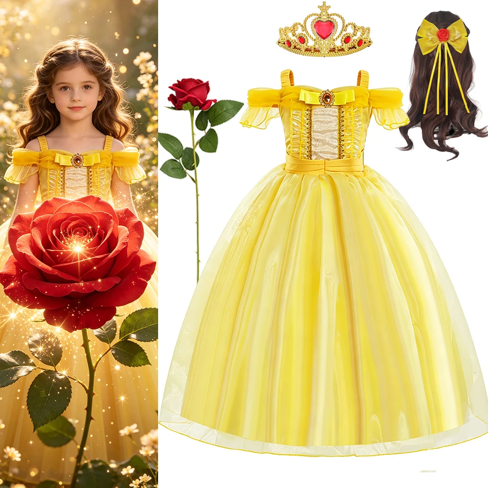 Belle Birthday Party Yellow Princess Costume Dress for Girl Children Clothes Girls Fairy Tale Gown 3 4 5 6 7 8 Years