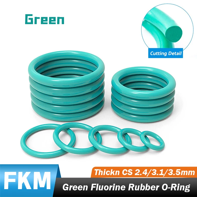 Green FKM Fluorine Rubber Seals O Rings Thickn CS 2.4/3.1/3.5mm OD 10-70mm Sealing Gasket Oil Resistant Acid & Alkali Resistant