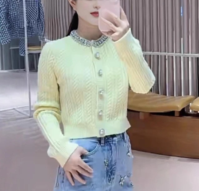 

2025 Autumn and Winter Women's Yellow Diamond Knitted Dress Long Sleeve Round Neck Single Breasted Ladies Winter Warm Clothes