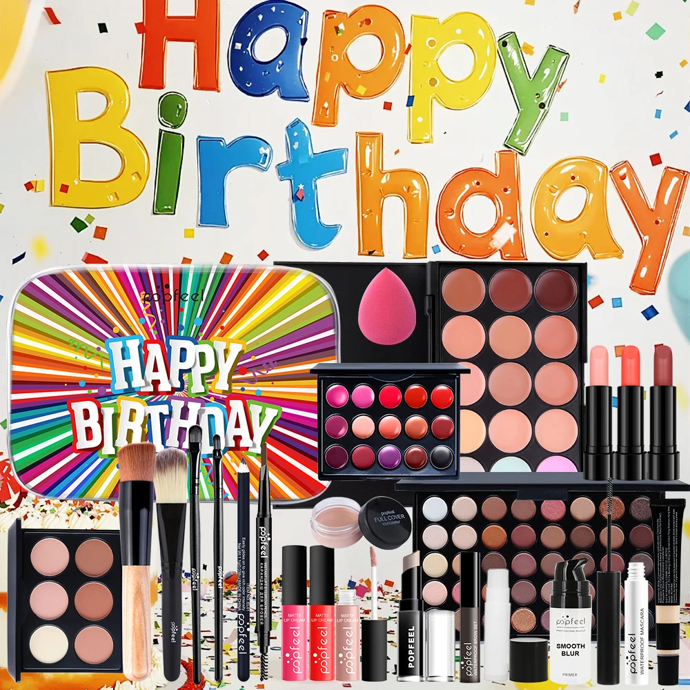 POPFEEL 24-częściowy kompletny zestaw do makijażu - zawiera paletę cieni do powiek, błyszczyk do ust, korektor, podkład - idealny prezent na urodziny
