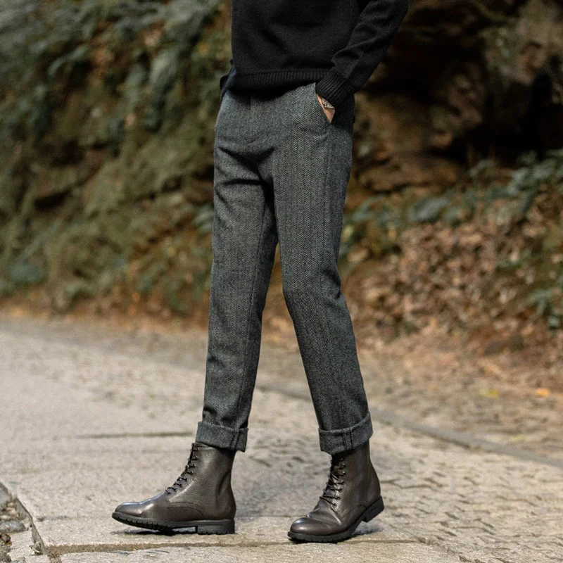 Autumn and Winter Wool Men's Trousers, Large Size Herringbone Pattern, British Retro American Straight-Leg Harem Wool Casual Pants