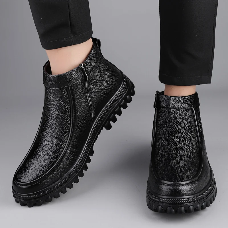 

Fashion High Quality Men Comfortable Side Zipper Oversized Dock Layer Cowhide and Velvet Cotton Boot Brand Winter High Top Boots