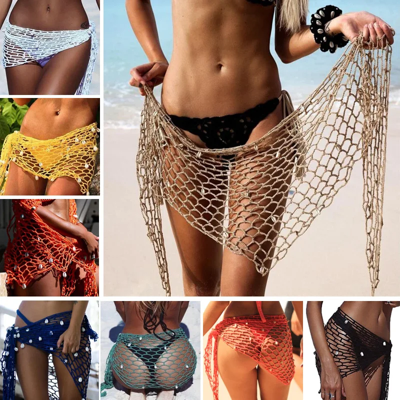 INS Style Summer New Beach Leisure Sunscreen Women Sexy Fishing Net Shell Dual-purpose Triangle Towel Swimsuit Shawl