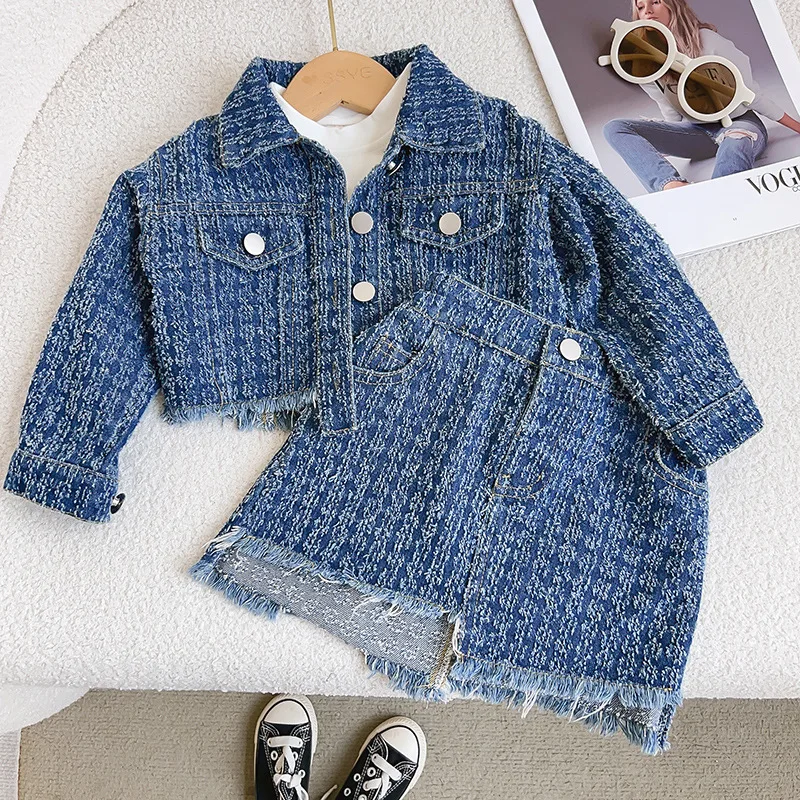 2024Spring and Autumn New Preppy Style Long-Sleeved Girls\' Hong Kong Style Denim Jacket Short Skirt Two-Piece Set