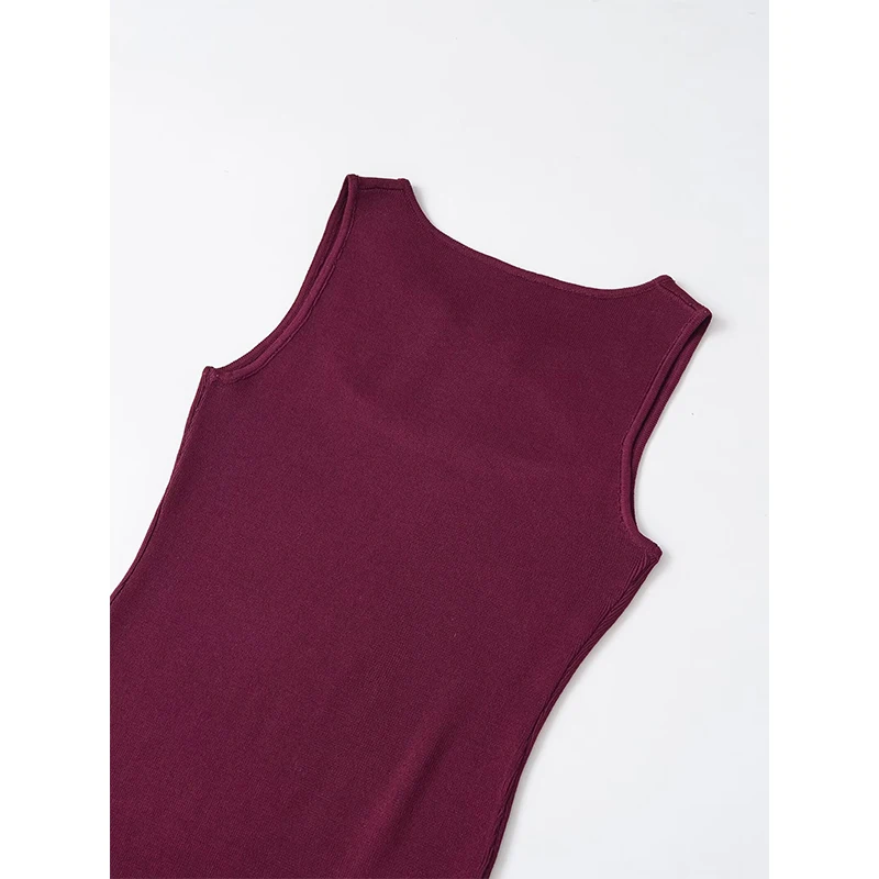 YENKYE Vestido rojo vino de punto con corte frontal para mujer, sin mangas, cuello redondo, bodycon, vestidos sexys