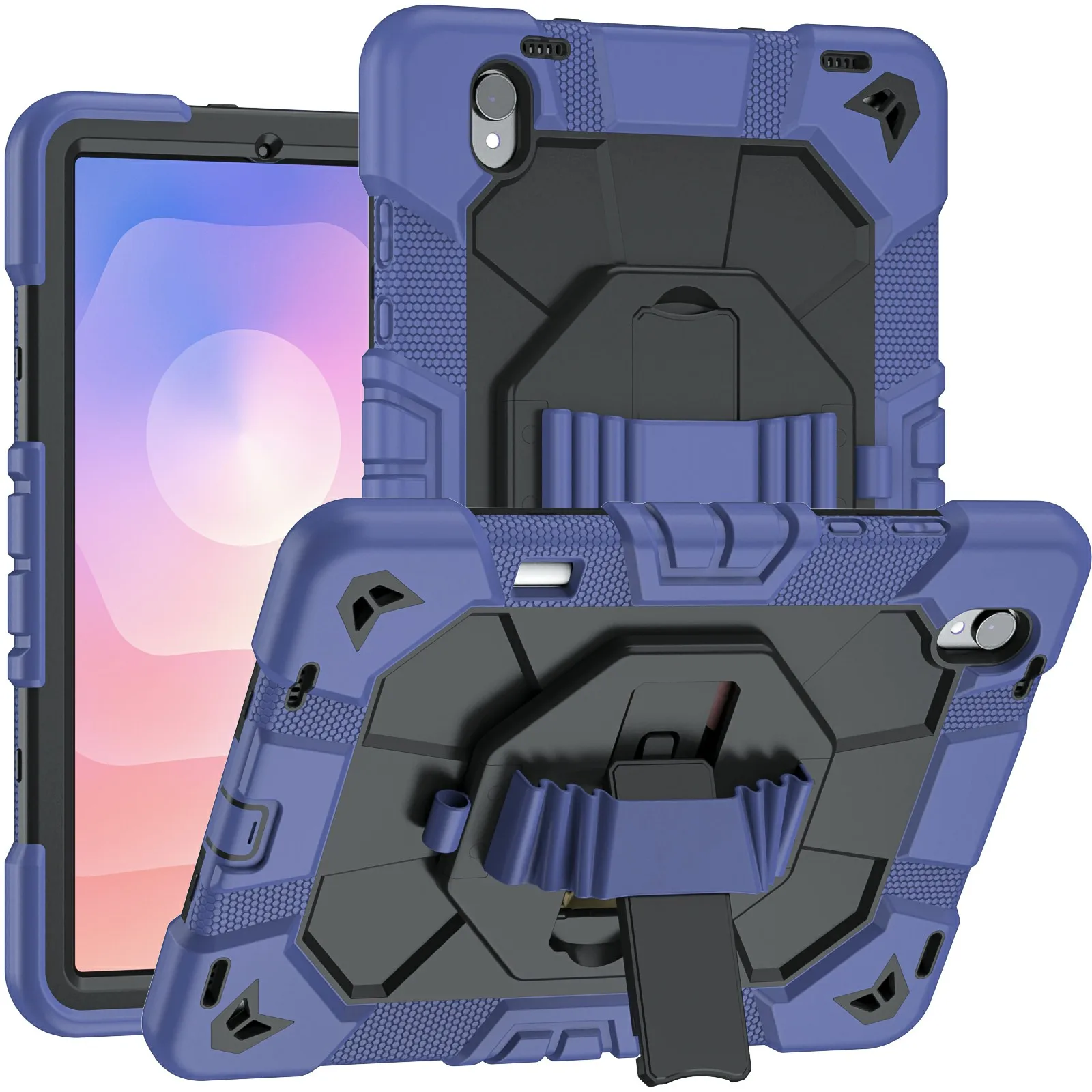 For Samsung Galaxy Tab S11 Case with Kickstand Wrist Strap PC + Silicone Tablet Cover - Navy Blue+Black