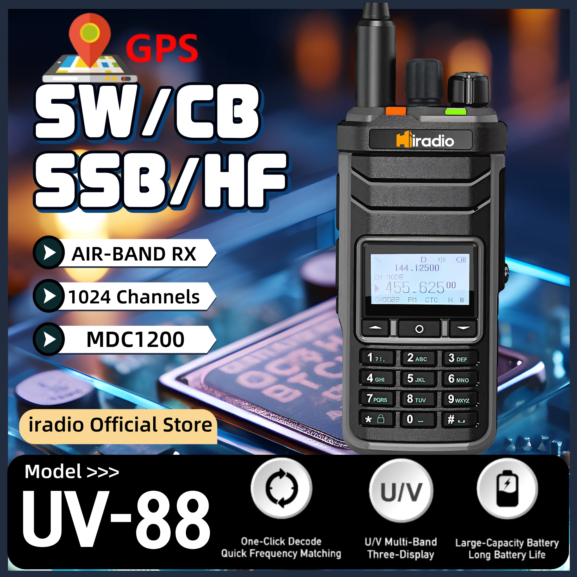 Iradio Y23UV-88 راديو GPS متعدد الموجات راديو هام HF UHF VHF ثنائي النطاق مع AM USB LSB CW CB LW MW SW SSB استقبال، 1024 CH Type-C