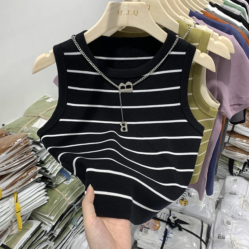 New 2025 Basic Bottoming Striped Chain Elasticity Vests Women Tank & Camis Spring Autumn  Wild Crop Short Top