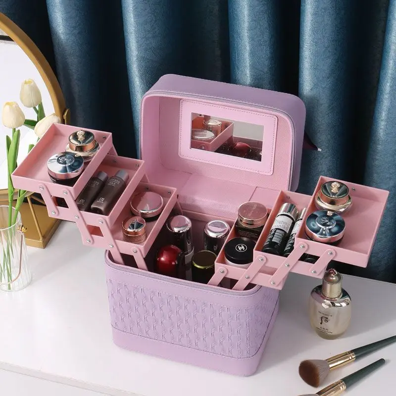 New Fashion Women Cosmetic Bags Case High Quality Female Makeup Box with Mirror Professional Korean Ladies Large Toiletry Bag