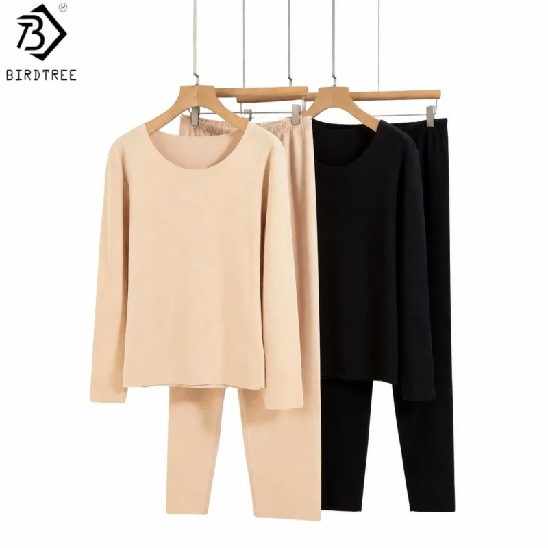 Birdtree, 100% Real Silk Brushed Underwear Sets, Women's Seamless Full Sleeve Basic Shirt Suit, 2026 New Warmth Clothes S69117JF
