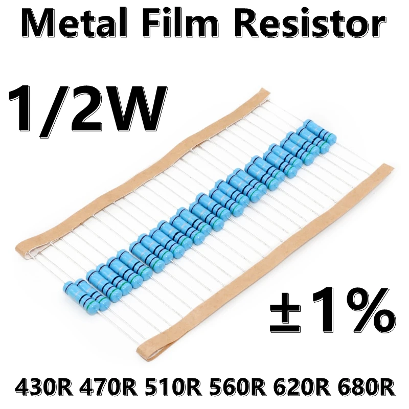 Resistencia de película metálica 100, anillo de cinco colores, precisión 430R, 470R, 510R, 560R, 620R, 680R, 1% piezas, 1/2W