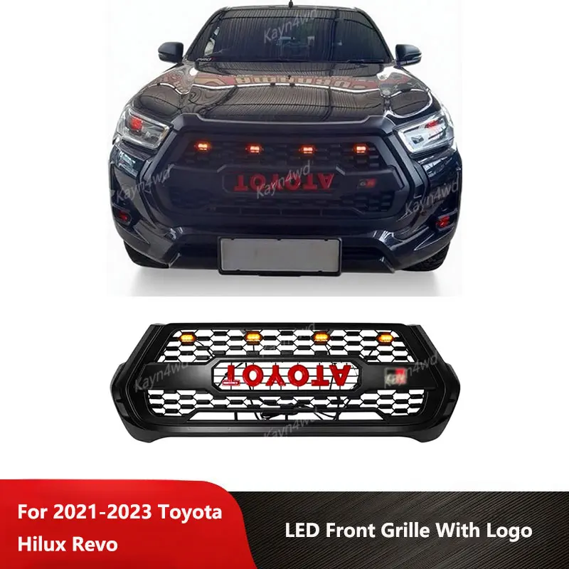 

Внешние аксессуары Pickup 4X4, сетчатая решетка переднего бампера, гоночные грили с логотипом, светодиодная подсветка для Toyota Hilux Revo 2021-2023 гг.