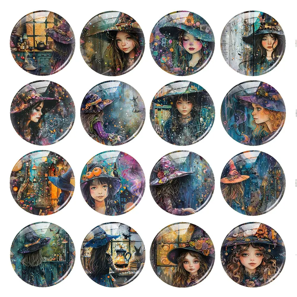 Random Mixed Round/Oval/Square Little Witch Halloween Gothic Photo Glass Cabochon Flatback Demo Cameo For Diy Jewelry Making