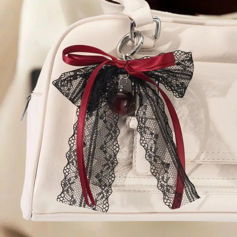 الدانتيل القوس المفاتيح الجوف الشريط الأحمر الكرز Y2k تصميم الأزياء سحر حساسة على ظهره مفتاح سلسلة هدية عيد الحب الملحقات #5